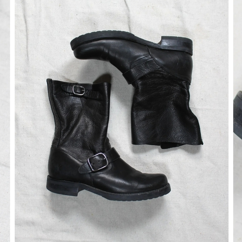 Frye Black Combat Moto Boots with Buckle Details